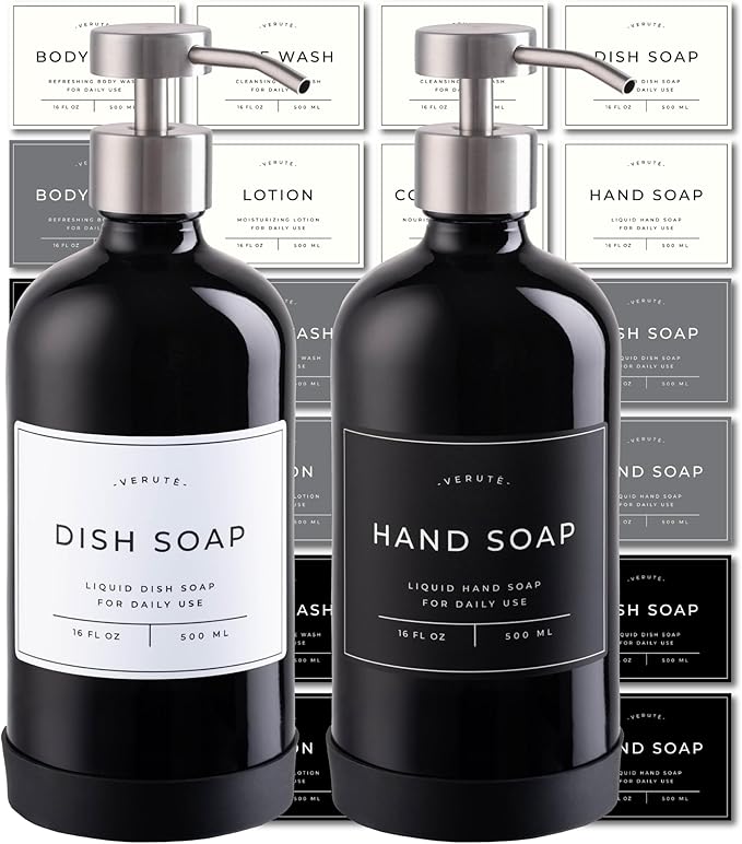 Hand and Dish Soap Dispenser for Kitchen and Bathroom, Set of 2 16 Oz Glass Bottles, Stainless Steel Pumps, Non-Slip Silicone Base, 27 Waterproof Labels (Gloss Black Bottle/Brushed Silver Pump)