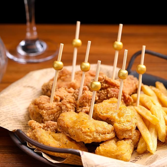 600 Pcs Cocktail Picks, 12 cm Toothpicks for Appetizers, Bamboo Cocktail Sticks Skewers for Drinks, Desserts, Charcuterie, Wedding Party Fancy Toothpicks, Gold Pearl Mini Food Picks Decorative
