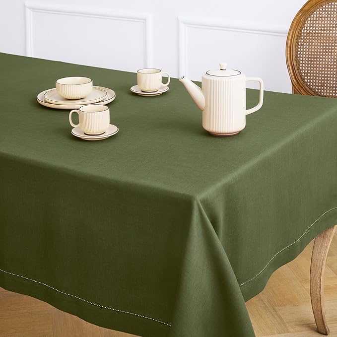 Solino Home Olive Linen Tablecloth 60 x 156 Inch - 100% Pure Linen Classic Hemstitch Table Cloth for Rectangle Tables - Machine Washable Tablecloth for Wedding, Parties, St Patricks Day
