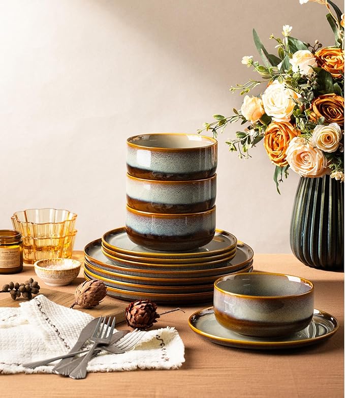 TheTerra Ceramic Dinnerware Sets for 6, 18 Pieces Handmade Reactive Glaze Plates and Bowls Set, Scratch Resistant Dish Set, Oven & Microwave & Dishwasher Safe, Dusk Blue
