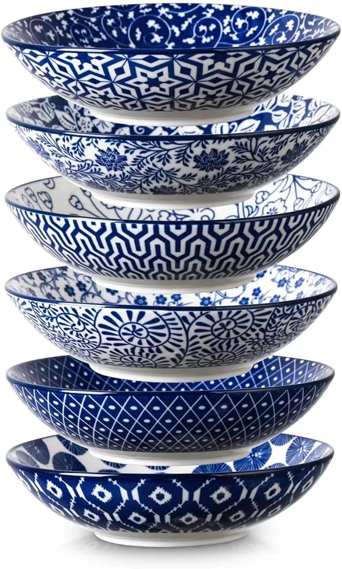 Selamica Ceramic 30oz Large Pasta Salad Bowls 8 Inch Wide and Shallow Soup Bowls, Stackable, Microwave and Oven Safe, Set Of 6, Vintage Blue