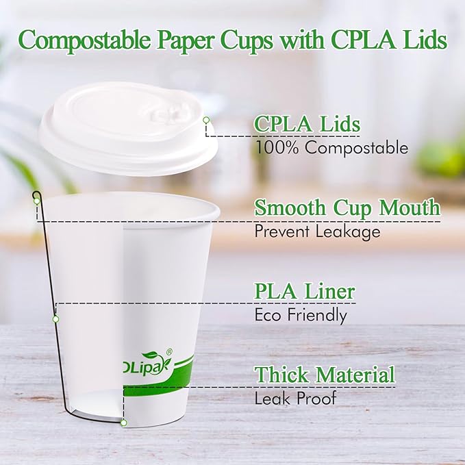 ECOLipak 200 Count 8 oz Compostable Paper Coffee Cups, Biodegradable Disposable Coffee Cups with CPLA Lid, Eco-friendly Hot Drinking Cups for Parties, Picnics, Travels,and Events
