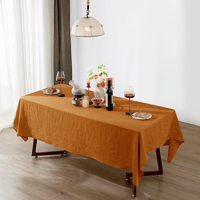 Talasily Linen Tablecloth 100% Pure Linen Table Cloth 60x108 Inches Rectangle Tablecloths Washable Cloths for Kitchen, Dining, Buffet Parties, Holidays, Picnic, Weddings and Restaurants-Caramel