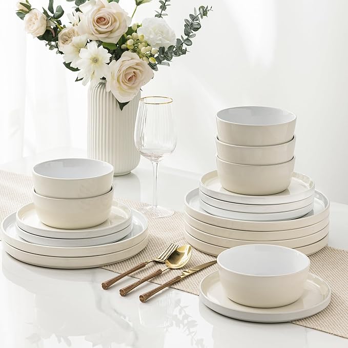 AmorArc Ceramic Dinnerware Set | Stoneware Plates and Bowls | Scratch Resistant,Dishwasher & Microwave Safe Dishes Sets-beige 2