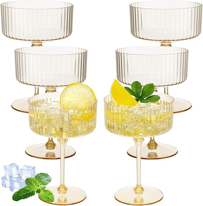 6 Pcs Ribbed Martini Glasses 10 oz Disposable Plastic Vintage Ribbed Coupe Glasses Unbreakable Dessert Parfait Glassware for Wedding Birthday Party Supplies (Gold)