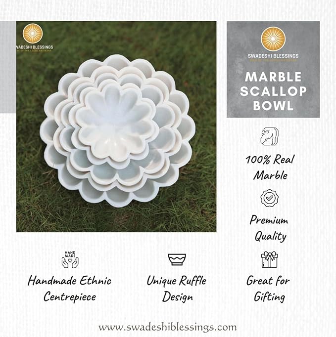 SWADESHI BLESSINGS HandCrafted Marble Decorative Bowl | White Ruffle Scalloped Fluted Key/Fruit Ring Dish | Organic Modern Home Decor (9 Inches)