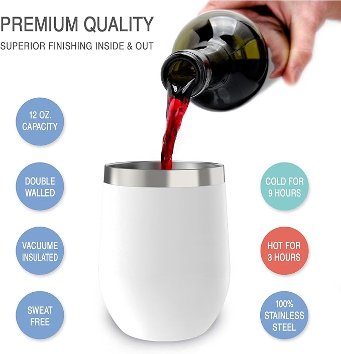 CHILLOUT LIFE 12 oz Stainless Steel Wine Tumbler with Lid - Double Wall Vacuum Insulated Wine Cup Glass Keeping Cold & Hot for Coffee, Champagne, Cocktails, Ice Cream - Powder Coated White