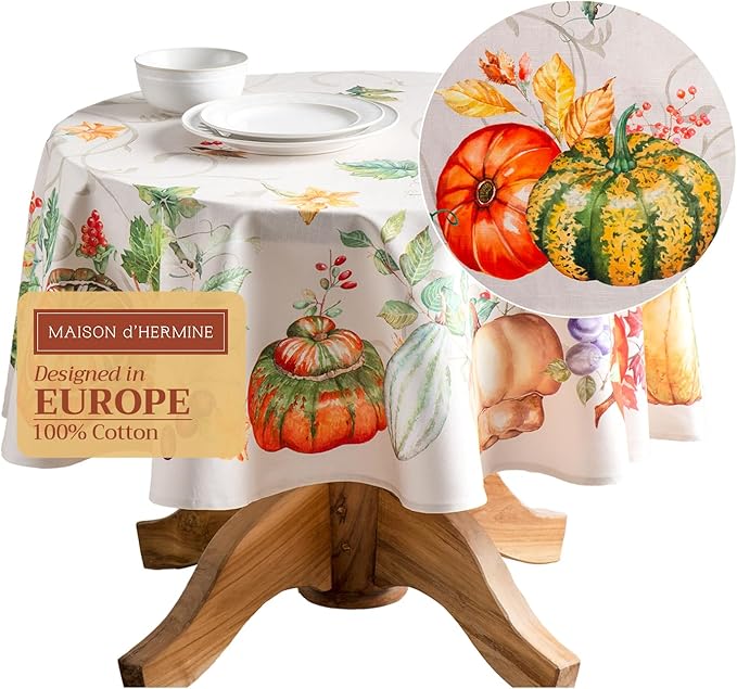 Maison d' Hermine Table Cloth Round Table 100% Cotton 63 Inches Fall Tablecloth Reusable Everyday Use for Thanksgiving Christmas Decorations Dining Farmhouse Party (Lumina)