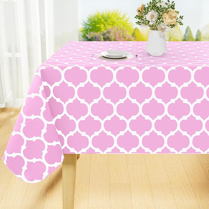 Smiry Rectangle Table Cloth, Waterproof Vinyl Tablecloth with Flannel Backing for Rectangle Tables, Wipeable Spillproof Plastic Tablecloths for Dining, Camping, Indoor and Outdoor, (52"x70", Pink)