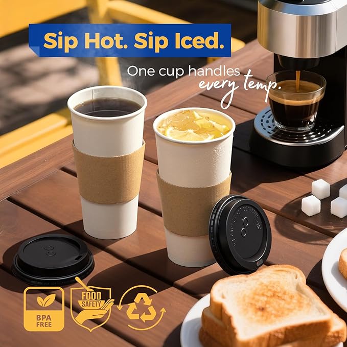 Fit Meal Prep 24 oz 50 Pack To Go Coffee Cups with Lids and Sleeves, Disposable Paper Coffee Cups with Lids for Hot/Cold Beverage