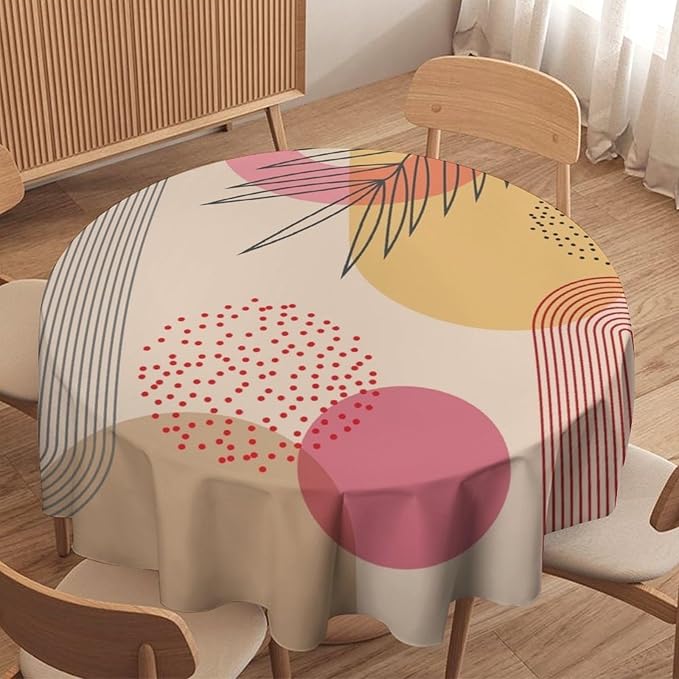 Mid Century Boho Round Tablecloth, Abstract Modern Sun Arch Curve Leaves Geometric Print Tablecloth for Home Party Dining Room Kitchen Decor 36Inch(90cm)
