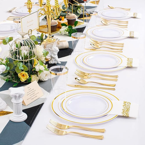 350 Pieces White and Gold Plastic Plates - 50 Guest Dinnerware Set Include 100 Plates, 50 Gold Plastic Silverware, 50 Paper Napkins and 50 Cups for Party Wedding Valentine's Day