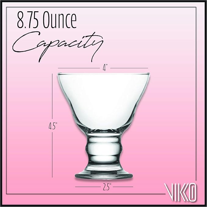 Vikko Orion Glass Sundae Bowls: Dessert Cups – For Parfait, Ice Cream, Pudding, Fruit, and More – Set of 6 Thick Large Dessert Dishes - 8.75 ounces - Dishwasher Safe