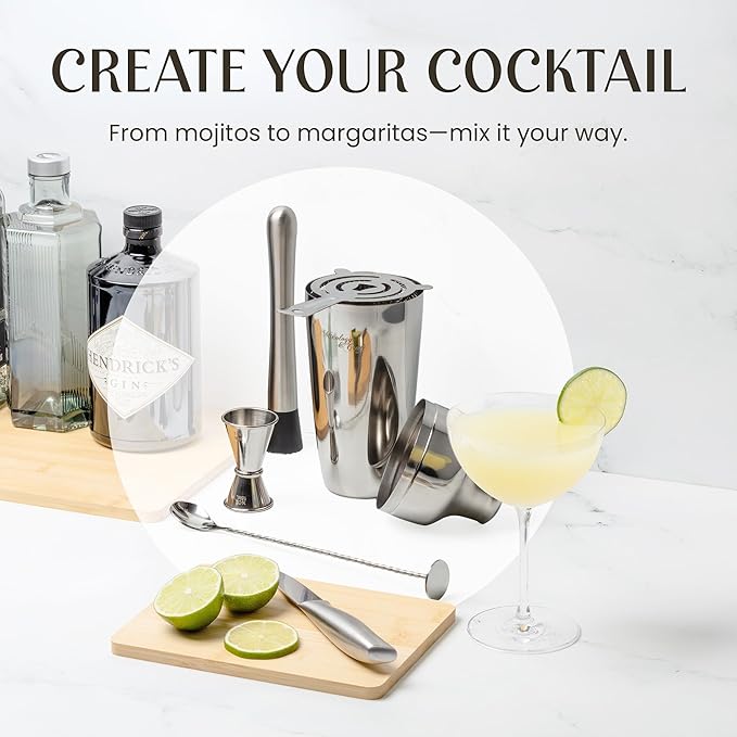 Mixology & Craft Cocktail Shaker Set with Dark Bamboo Stand - Professional 10-Piece Bartender Kit - Complete Bar Set & Cocktail Mixer Kit for Home (Silver)