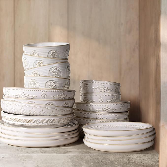 Artena Pasta Bowls, 50oz Large Salad Serving Bowls, 9.75'' Plates Bowls Set of 4, Big White Ceramic Soup Bowls for Kitchen, Embossment Shallow Dinner Bowl, Microwave Dishwasher Safe, Pinwheel Flower