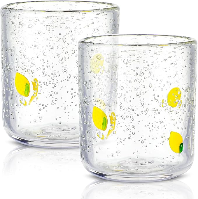 Icon Juice Glasses, 14oz Stemless Wine Drinking Juice Glass Cup for Valentine Party Supplies Gift(2 Pcs,Lemon)