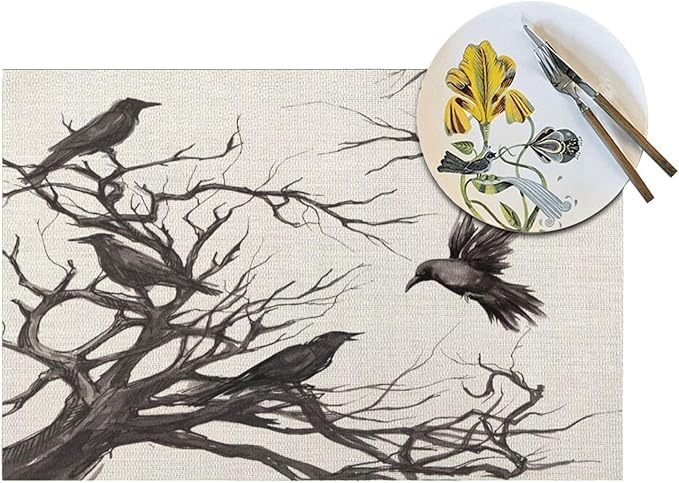 Halloween Placemats 12x18 Inches Set of 4,Black Crows Decorative Rectangle Autumn Halloween Decoration Fall Linen Black Table Mats for Party,Home Kitchen,Dining Table Decorn