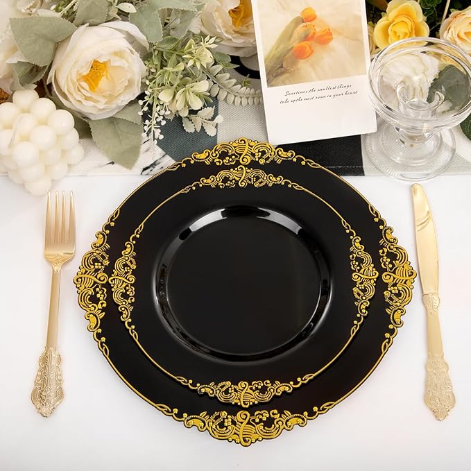 102PCS Black and Gold Plastic Plates - Black Disposable Plates - Heavyweight Disposable Plate with Gold Rim - Fancy Dinner & Dessert Plate for 51 Guests Weddings & Party