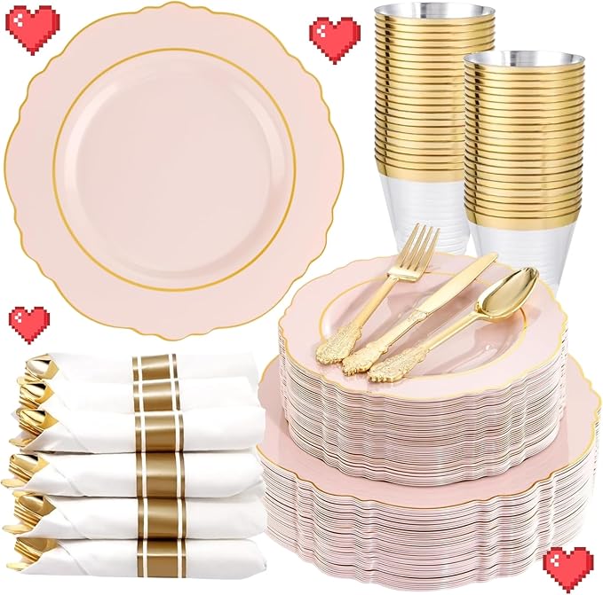 Liacere 350PCS Pink Plates Disposable-PinK Plates 50guest Baroque Plastic Dinnerware include 100Plates, 50Pack Pre Rolled Napkins with Silverware 50Cups Perfect for Valentine's Day＆Galentines Day