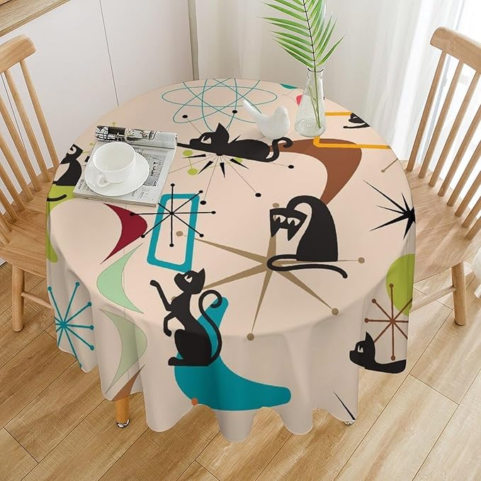 Mid Century Black Cat Round Tablecloth, Bohemian Modern Colorful Abstract Geometric Retro Art Bohemian Tablecloth for Home Party Dining Room Kitchen Decor 36Inch(90cm)