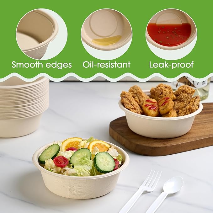 ECOLipak 20 OZ 150 Count Paper Bowls, Disposable Compostable Large Soup Bowl, Heavy Duty Bagasse Bowls for Family Lunch, Dinner Meals, Camping, Party