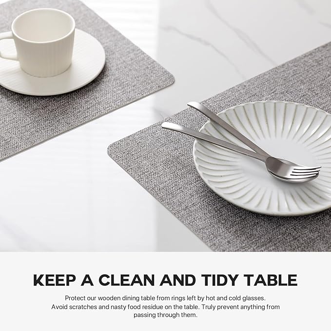 Faux Leather Placemats Set of 6 Vinyl Washable Wipeable Table Mats for Kitchen Dining Table Heat Resistant Waterproof Modern Indoor/Outdoor Placemats Non-Slip Easy Clean Place Mats (Mid Gray)
