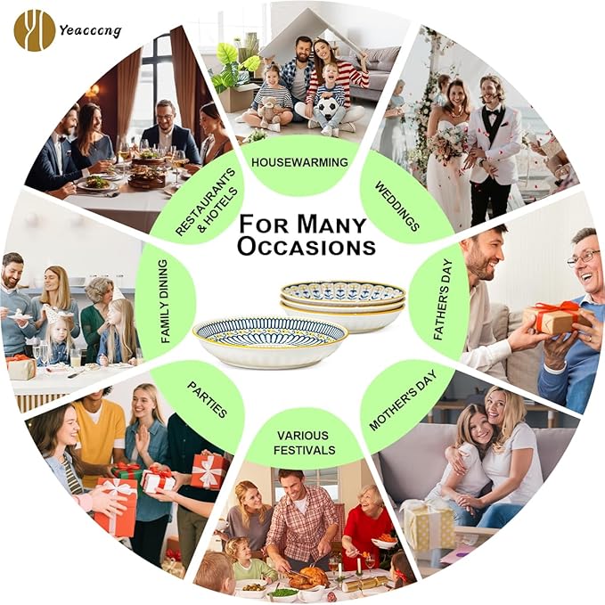 Yeacccng Pasta Bowls Set of 8, 24 Oz Ceramic Salad Bowls, 8 Inch Shallow Serving Bowls for Pasta, Salad, Oatmeal, Fruit, Easy to Clean, Dishwasher & Microwave Safe, Scratch-Resistant, Lead-Free