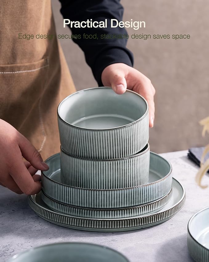 Famiware Star Dinnerware Set with Mugs, Service for 4 (16pcs), Ribbed Stoneware Plates and Bowls Dishes Sets - Chip & Scratch Resistant, Microwave & Dishwasher Safe, Smoky Blue