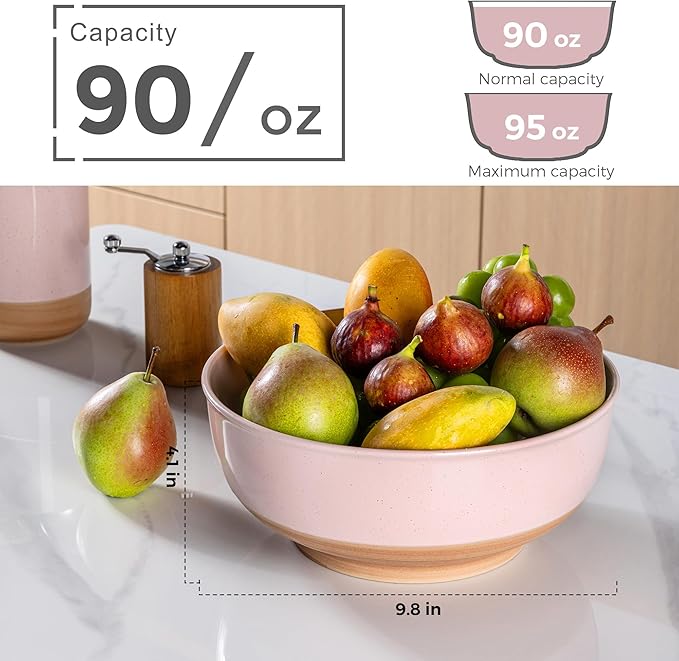 AmorArc 9.8’’ Ceramic Serving Bowls, 90 OZ Extra Large Salad Bowls Set of 2, Stoneware Oversized Bowls with Rustic Terracotta Underside for Salad, Soup and Dinner. Large Bowls for Entertaining &Gift