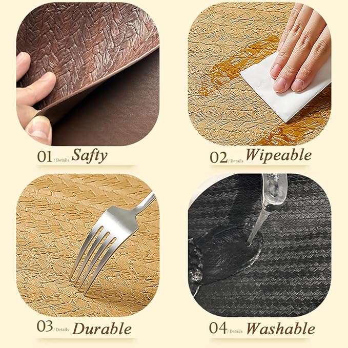 PIGCHCY Waterproof PVC Place Mats Set of 6, Non-Slip Faux Leather Placemats Rattan Pattern Surface Table Mats for Wedding/Birthday Party/Kitchen (18"x12", Cream)