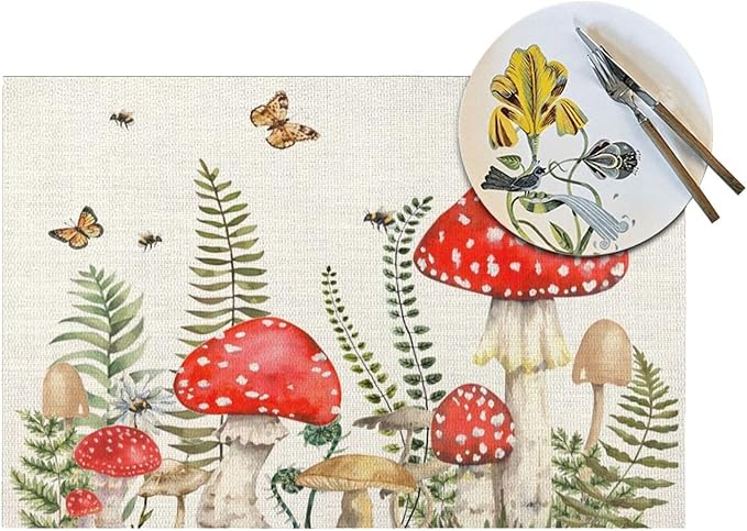 Spring Placemats 12x18 Inches Set of 4,Red Green Mushroom Leaves Decorative Rectangle Summer Seasonal Botanical Decoration Linen Table Mats for Party, Home Kitchen,Dining Table Decor