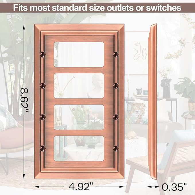 Metal Wall Plate for Electrical Outlets, Decorative Antique Copper Switch Plates Outlet Cover, Light Switch Cover Plate, 4-Gang Wall Plates (Quad Decorator, 1 Pack)