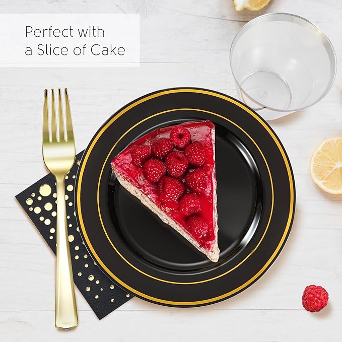 The Essential Concierge Stylish 7.5 Inch Gold and Black Cake Plates with Disposable Cups, Forks and Cocktail Napkins (100 Set of Each) - Small Appetizer Plates, Disposable Cake Plates or Salad Plate