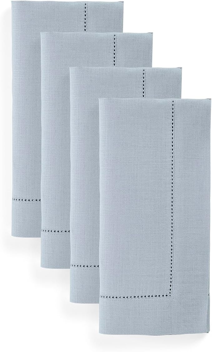 Solino Home Dusty Blue Linen Napkins Set of 4-100% Pure Linen Hemstitch Dinner Napkins 20 x 20 Inch for Winter, Spring, Easter - Classic Hemstitch