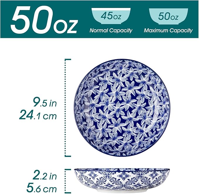 vancasso 50 oz Large Pasta Bowls Set of 6, Porcelain Serving Bowls, 9.5 Inch Wide Shallow Salad & Soup Bowls, Kitchen Pasta Plates, Microwave and Dishwasher Safe, Blue White Floral Design