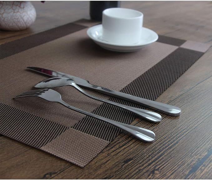 Placemats Washable Easy to Clean Table Mats for Kitchen Table Heat-resistand Woven Vinyl PVC Placemat 12x18 inches Set of 4（Brown）
