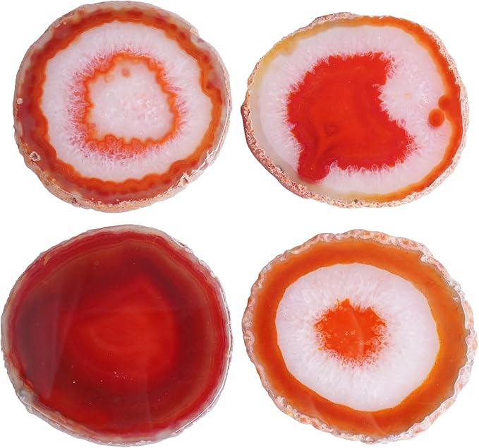 Orange Red Agate Coasters Set of 4 with Rubber Bumpers - Fiery 4-5 Inch Dyed Geode Stone Drink Coasters for Home Bar, Table Decor, Gift