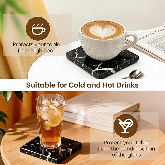 Natural Marble Coasters, Square Costers, Luxury Aesthetic Modern Decor for Coffee Table Bar Kitchen Home, Black Marble, Real Natural Semi Absorbent Stone Coasters