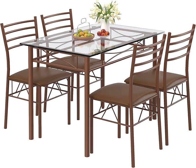 VECELO Dining Table Set for 4, 5-Piece Glass Kitchen Table with Upholstered Padded Chairs for Small Space, Breakfast Nook, Space-Saving, Vintage Brown