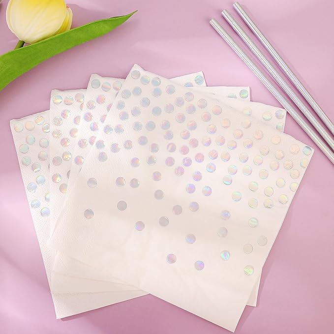 Iridescent Party Supplies, Holographic Paper Plates and Napkins Set, Rainbow Disposable Paper Plates Cups Knives Spoons Fork Straw for Birthday Wedding Party Serve 25 (Iridescent)