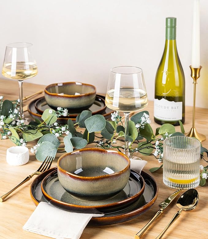 TheTerra Ceramic Dinnerware Sets for 6, 18 Pieces Porcelain Lightweight Plates and Bowls Sets, Scratch Resistant Dish Set, Oven & Microwave & Dishwasher Safe, Coffee Bean