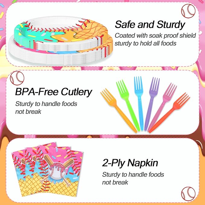 Yungyan 24 Sets Ice Cream Drip Baseball Party Supplies Disposable Ice-cream Drip Baseball Paper Plates and Napkins Forks Summer Sports Party Baby Shower Decoration Tableware Set Dinnerware for Women