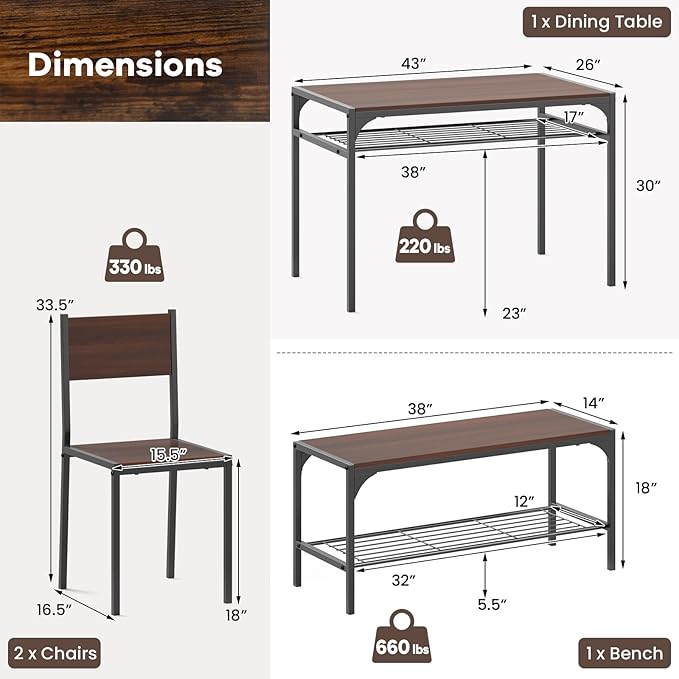 NAFORT 4-Piece Dining Table Set for 4, Industrial Kitchen Table with 2 Chairs & Bench, Rustic Wood Dining Set with Metal Frame & Storage Shelves, Space-Saving Dining Furniture for Apartment