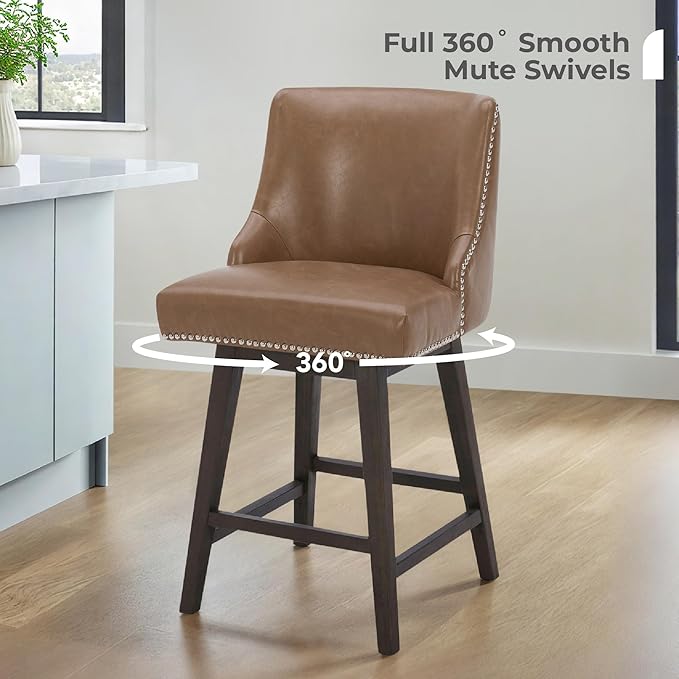 CHITA Counter Height Swivel Bar Stools, FSC Certified Upholstered Counter Stools, Modern Swivel Barstools with Wood Legs for Kitchen Island, 26" Seat Height, Faux Leather in Saddle Brown