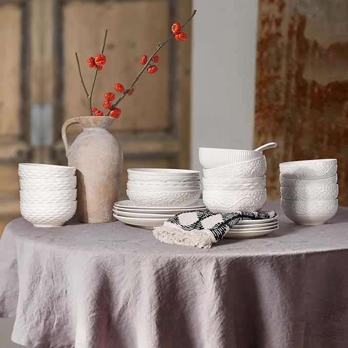 Artena Ceramic Cereal Bowls 26 oz, Embossment Soup Bowls Set of 4, White Salad Bowl for Kitchen, Dinner, Breakfast, Oatmeal, Rice, Pasta, Dishwasher Microwave Safe, 6 inch (Multiple Patterns)