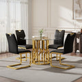 38.9" Round Glass Dining Table Set for 4, Modern 5 Piece Kitchen Table Set with Gold Stainless Steel Base & 4 PU Leather Accent Chairs, Saving Space, Dining Set for Apartment, Home - Black Chair