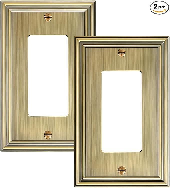 2-Pack Decorator Outlet Cover Plate, Antique Brass Decorative Switch Plates and Outlet Covers, Durable Zinc Alloy Wall Plates for Electrical Outlets, Receptacle, GFCI Outlet, Dimmer Switch