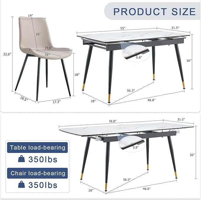Extendable Dining Table Set for 6, 55'' to 78.8'' Rectangular Thickened Sintered Stone Kitchen Table with 6 Upholstered Chairs, Modern Space Saving 7-Piece Dinner Table Set