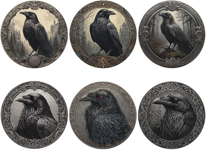Raven Coasters for Drinks with Holder Round Leather Coasters Set of 6 Cups Mugs Mat Pad for Home Kitchen Bar