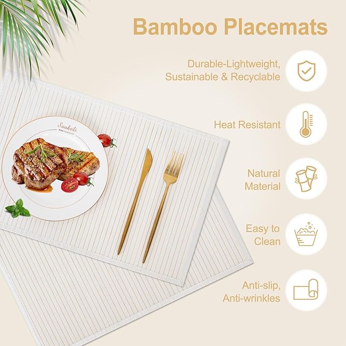 Bamboo Placemats with Fabric Border Set of 4 Natural Bamboo Rectangular Rolling Table Mats for Dining Kitchen Table Heat Resistant Table Protection White